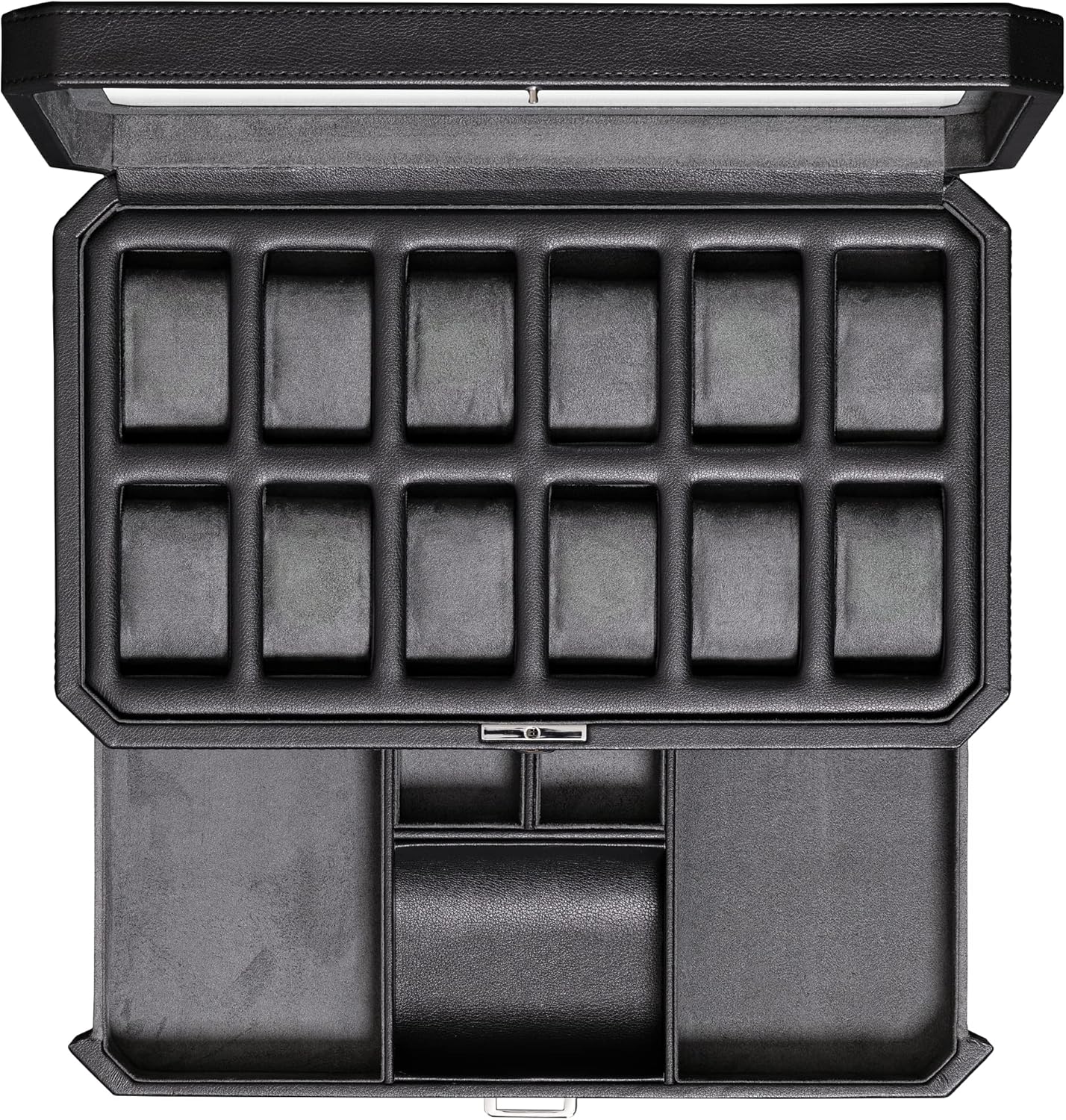 ROTHWELL 12 Slot Leather Watch Box with Valet Drawer - Luxury Watch and Jewelry Case Display Organizer, Microsuede liner, Mens Locking Storage Holder Large Glass Top (Black/Grey)