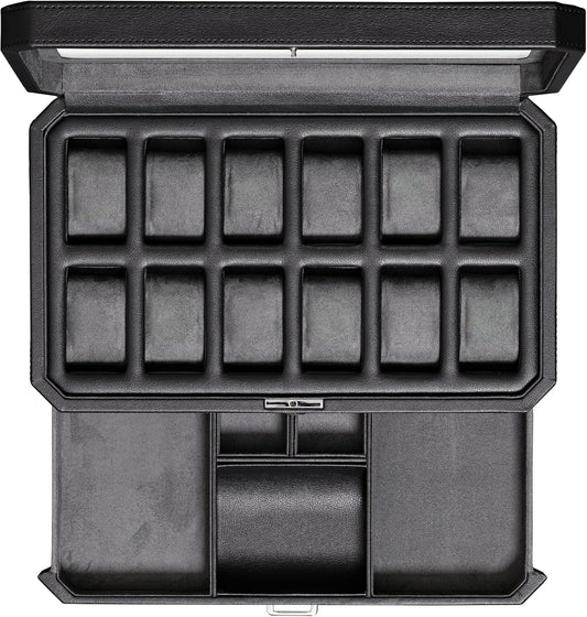 ROTHWELL 12 Slot Leather Watch Box with Valet Drawer - Luxury Watch and Jewelry Case Display Organizer, Microsuede liner, Mens Locking Storage Holder Large Glass Top (Black/Grey)