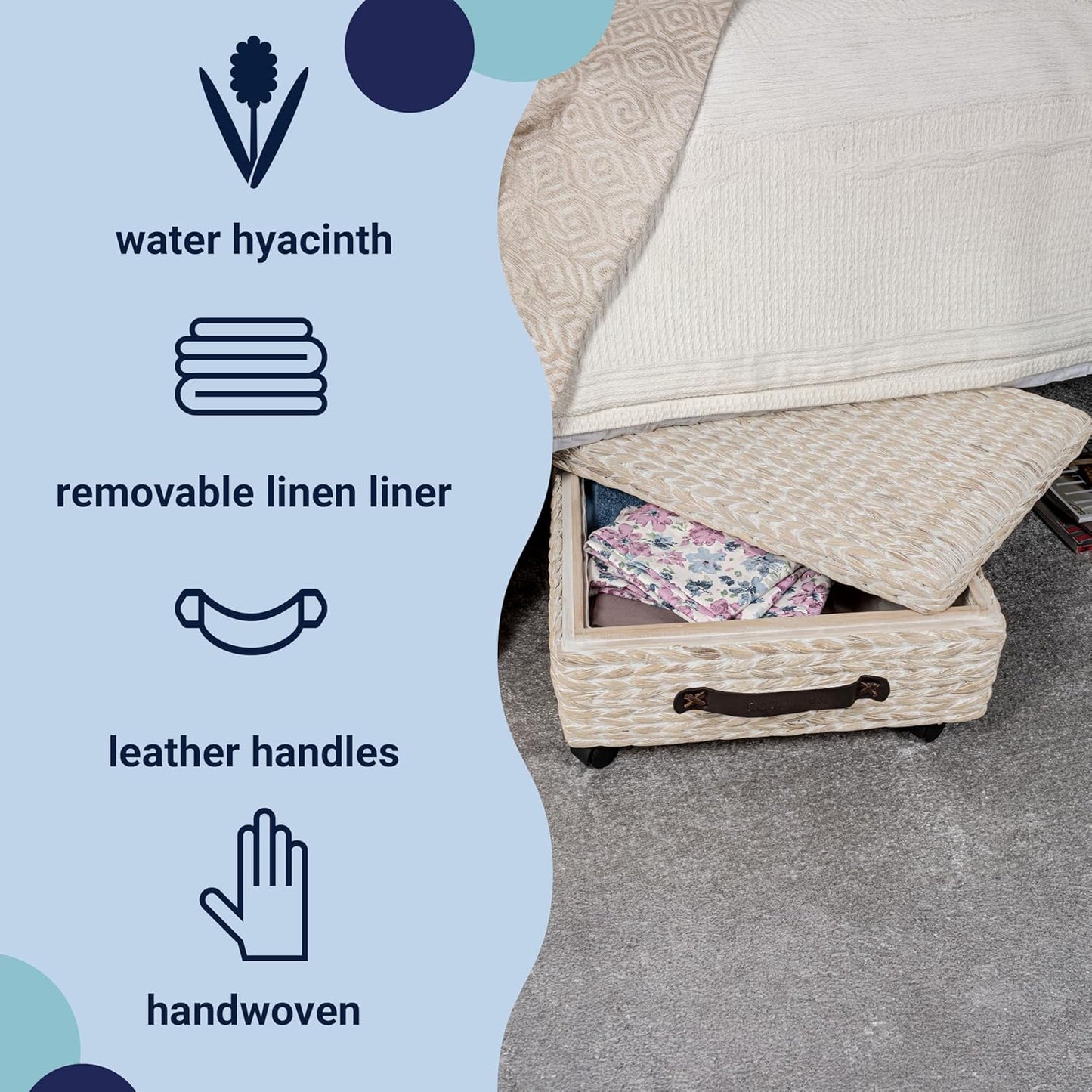 happimess BSK1006D Chett 26.38" Minimalist Hand-Woven Hyacinth/Wood Underbed Storage Bin with Wheels and Handles, White Wash/Dark Brown for Storage and Decoration in Bathroom, Bedroom, Living Room