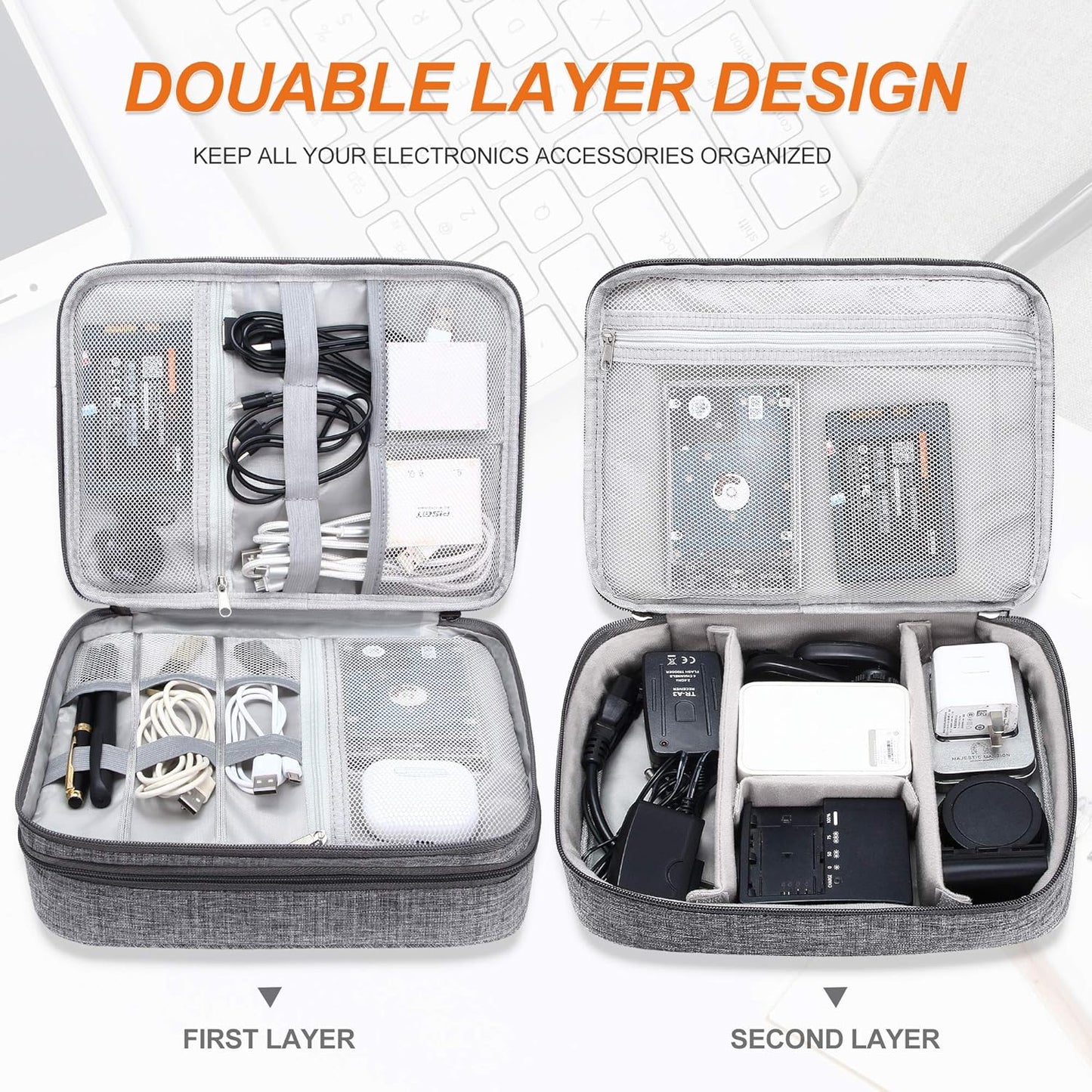 SELLYFELLY Electronic Bag Travel Cable Accessories Bag Waterproof Double Layer Electronics Organizer Portable Storage Case for Cable, Cord, Charger, Phone, Adapter, Power Bank, Kindle, Hard Drives