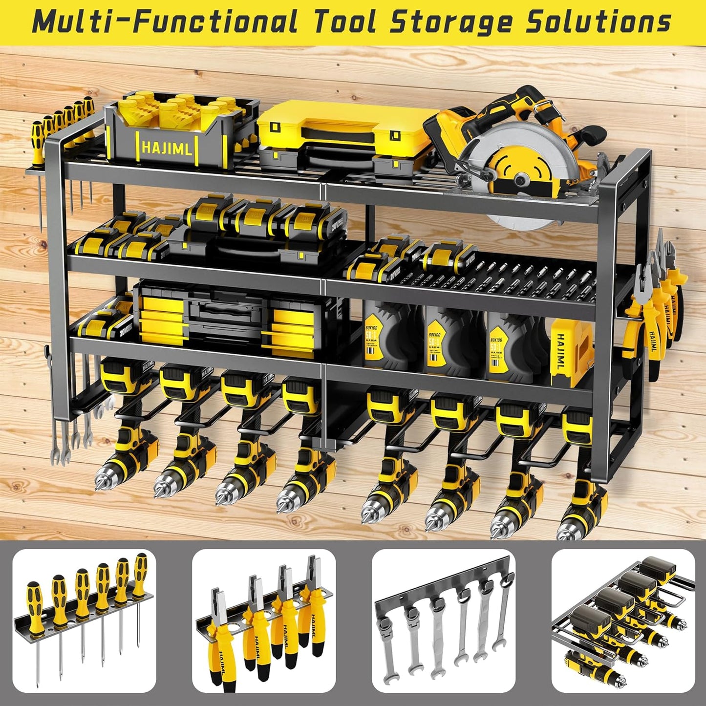 Power Tool Organizer Wall Mount,4 Layers Heavy Duty Storage Rack with 8 Drill Holder, Easy Installation, Tool Organizer Wall Mount for Garage Workshop and Home Organization.