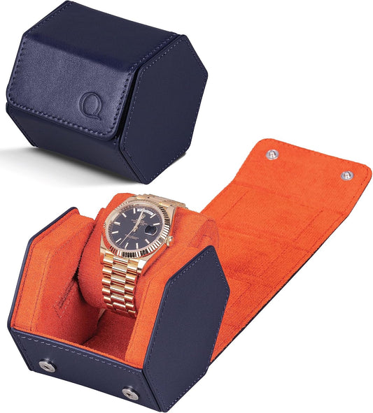 QWATCHBANDS Leather Watch Cases for Men - Hexagon Single & Double Watch Roll Travel Case - Genuine Napa Leather with Velvet Interior - Storage & Display Holder for 1 Watch or 2 Watches