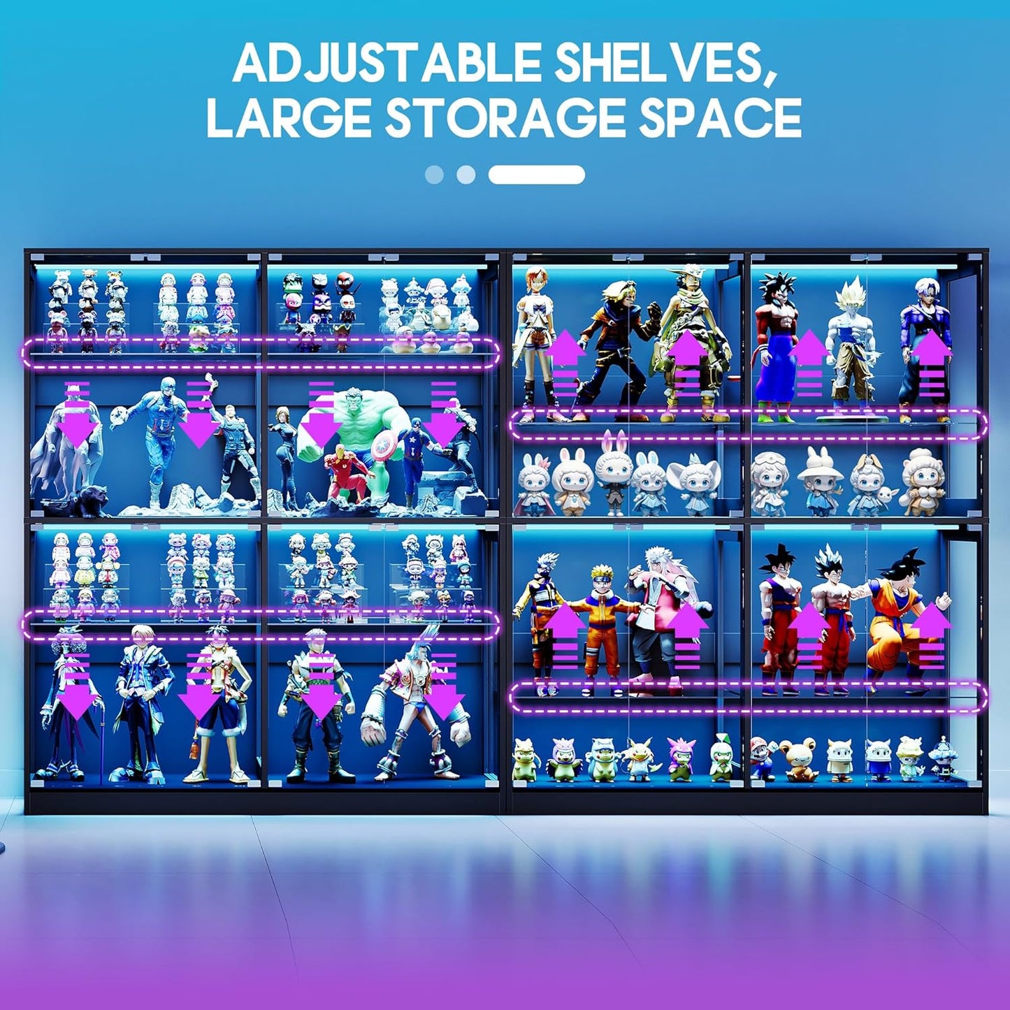 AMERLIFE RGB Display Cabinet with Adjustable Glass Shelves, 4-Tier Storage Case with LED Lights & Press-to-Open Doors, Modern Display Shelf for Collectibles, Black 70" H×60" L×16" D