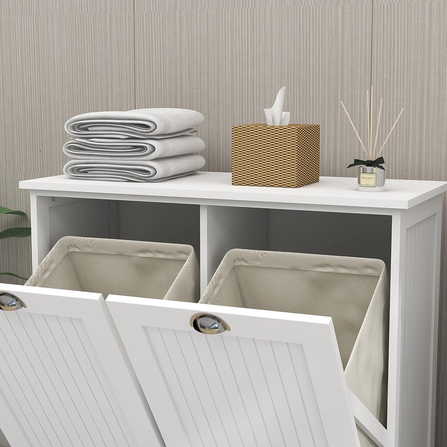 Tilt Out Laundry Hamper with Removable Basket, Hidden Laundry Hamper, Wood Bathroom Storage, Free Standing Home Organizer, White, LOC005