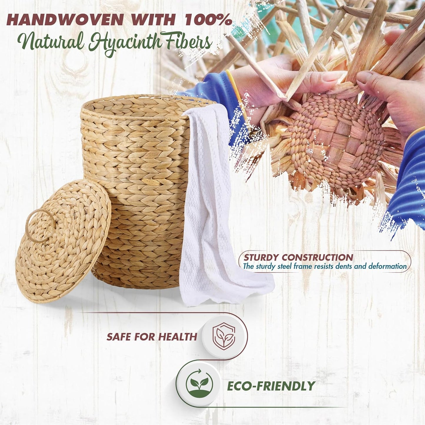 BLUEWEST 3 Gallons Wicker Trash Can with Lid and Removable Liner, Wicker Rattan Bathroom Trash Can, Large Woven Bin for Office, Hyacinth Waste Basket for Home Kitchen (Natural)