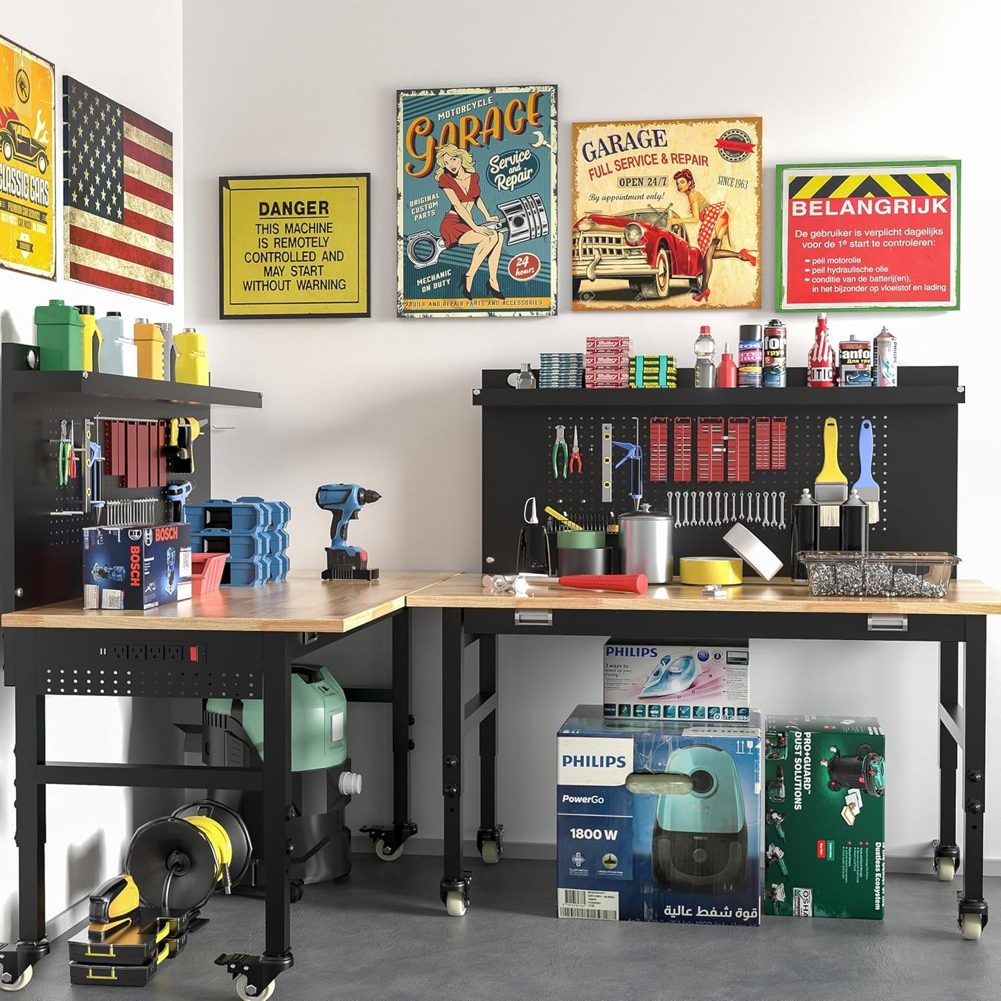 Betterhood 48" Heavy Duty Adjustable Workbench with Large Pegboard, Adjustable Work Table with Power Outlets & Lockable Wheels, Rubber Wood Workstation for Garage, Workshop, Office, Home, Commercial