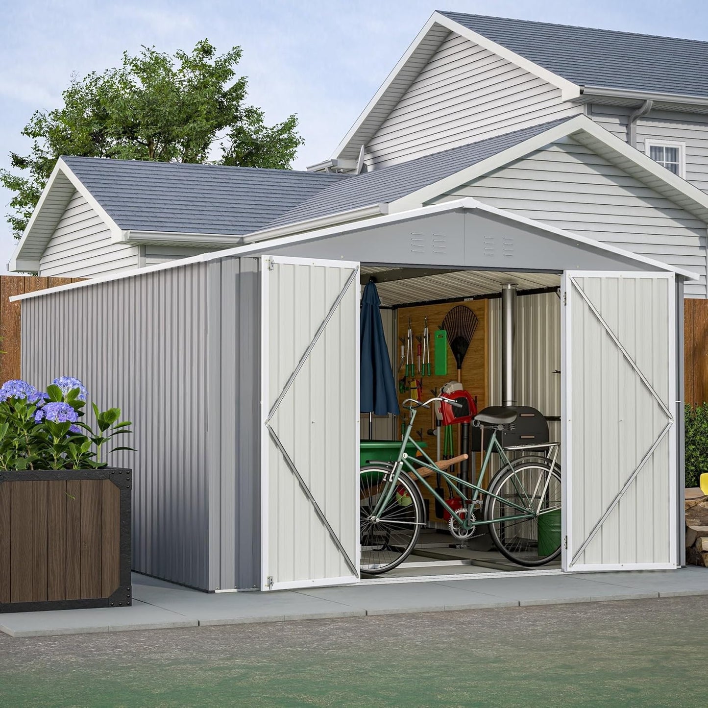 10x12 FT Outdoor Storage Shed with Floor Frame, Heavy Duty Metal Garden Tool Shed with Double Lockable Doors, Waterproof Backyard Utility Shed for Bikes, Lawn Mowers, Tools, Equipment