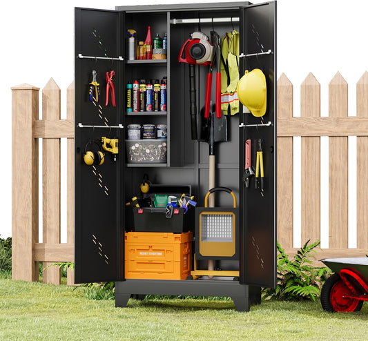 Garage Storage Cabinet 75" H,Tall Storage Shed with Lockable Doors and Stainless Steel Bottom, Black Tools Utility Chests for Office, Garage, Warehouses