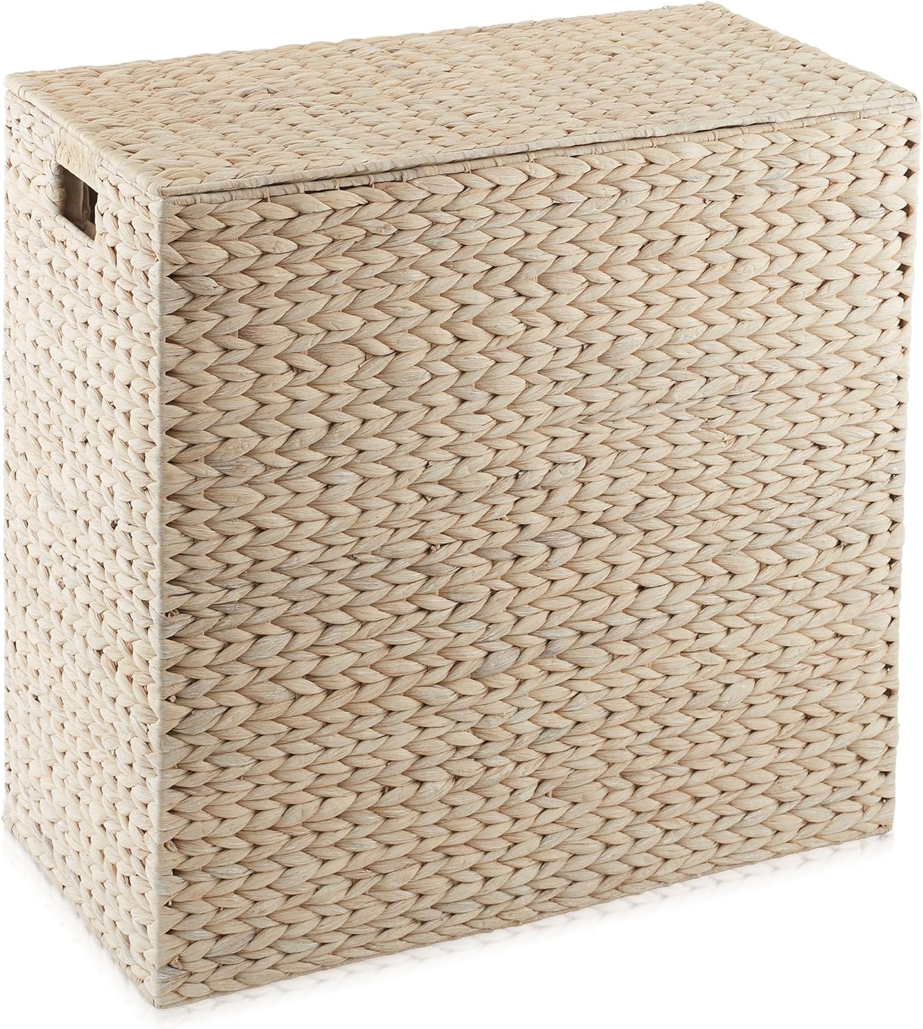 Casafield 2-Section Laundry Hamper with Removable Liner Bags - Whitewash, Woven Water Hyacinth Double Laundry Basket Sorter for Clothes and Towels