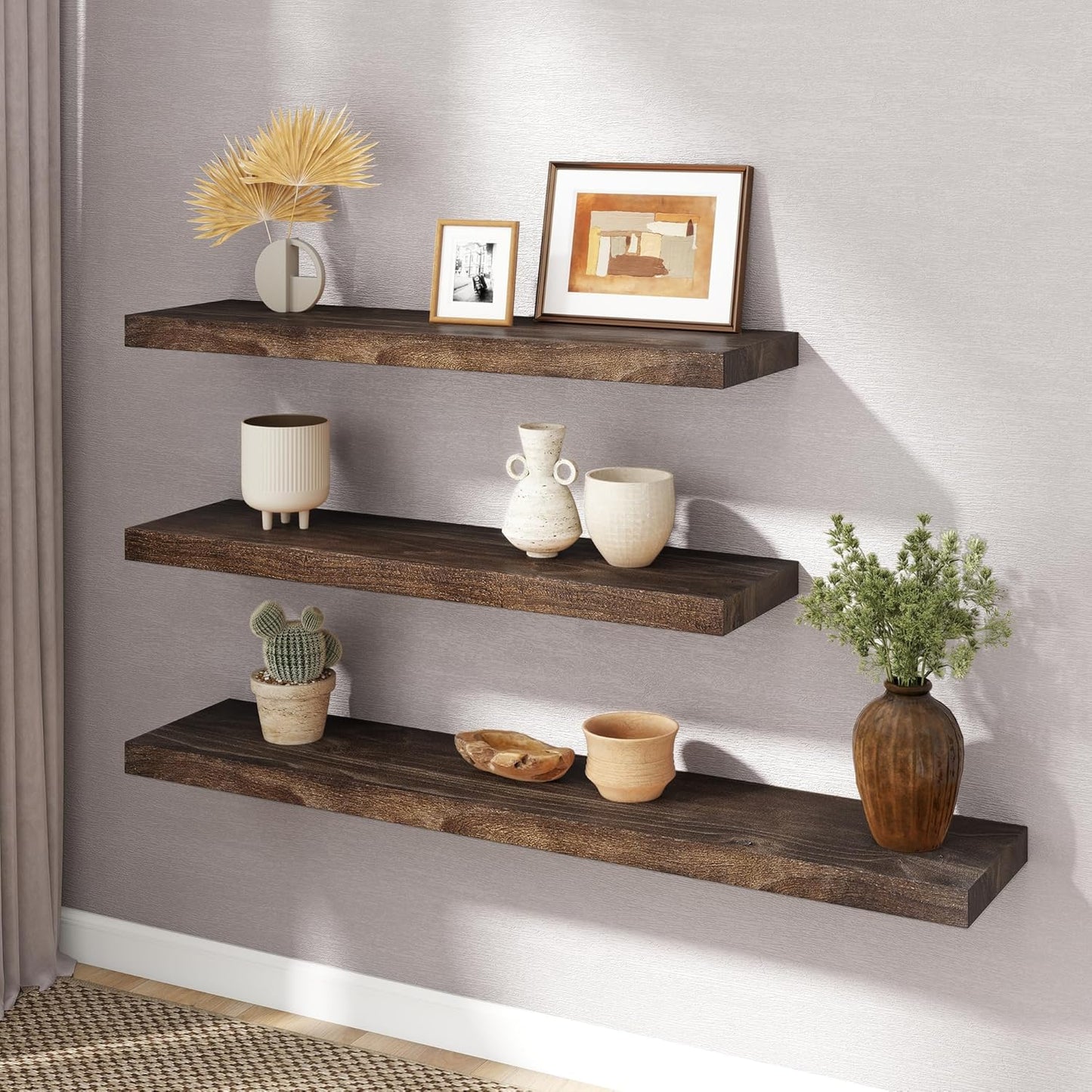 RICHFOCUS Elm Floating Shelves for Wall - 48" W x 9.3" D Rustic Solid Wood Shelves with Invisible Bracket, Wall-Mounted for Living Room, Bedroom, Kitchen Storage & Display, Set of 1, Walnut