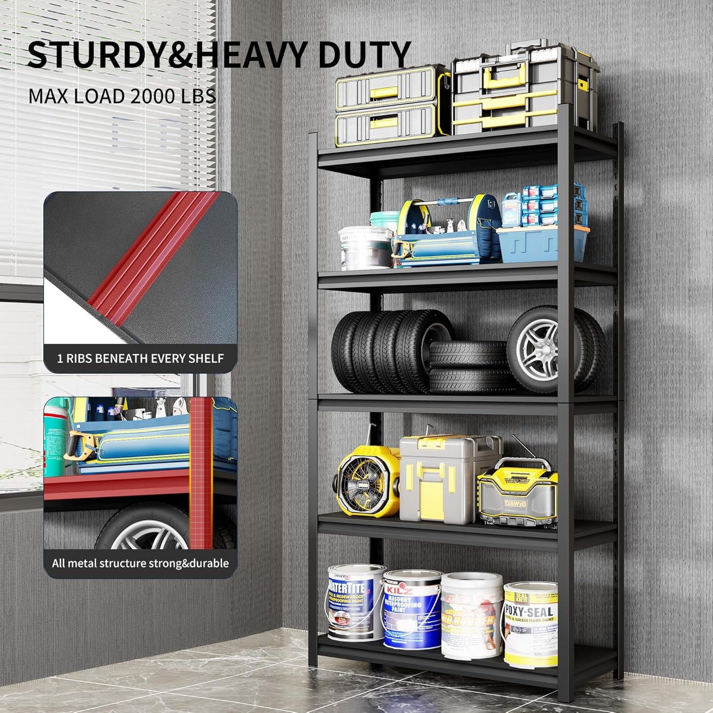 Metal Garage Shelving, Adjustable 5-Tier Heavy Duty Shelving, 2800 LBS Garage Shelving Unit and Storage,Heavy Duty Shelves for Basement,Warehouse,Kitchen