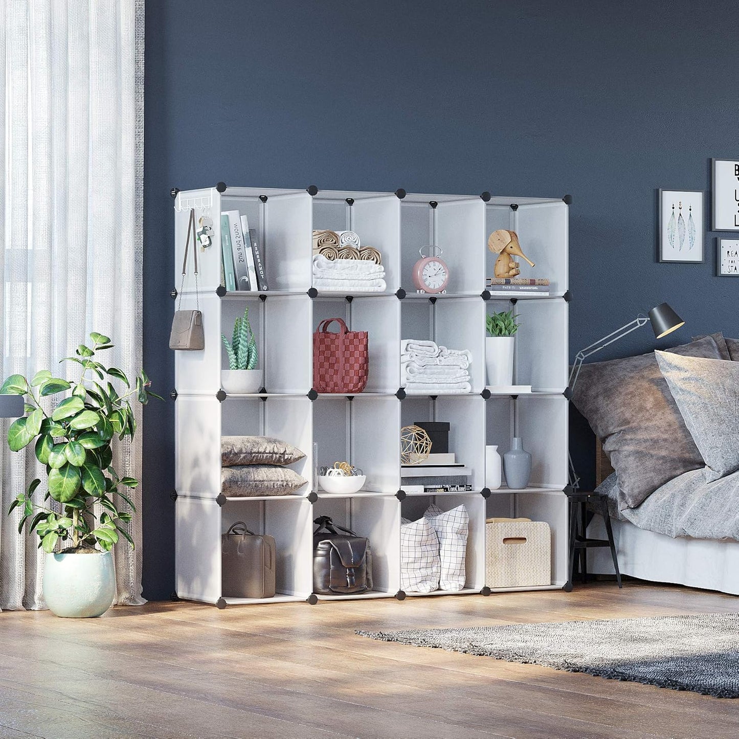 C&AHOME Cube Storage Organizer, 16-Cube Shelves Units, Plastic Storage Cubes, DIY Closet Organizer, Modular Closet Storage Shelves Ideal for Home, 48.4" L × 12.4" W × 48.4" H Transparent SUM3016W