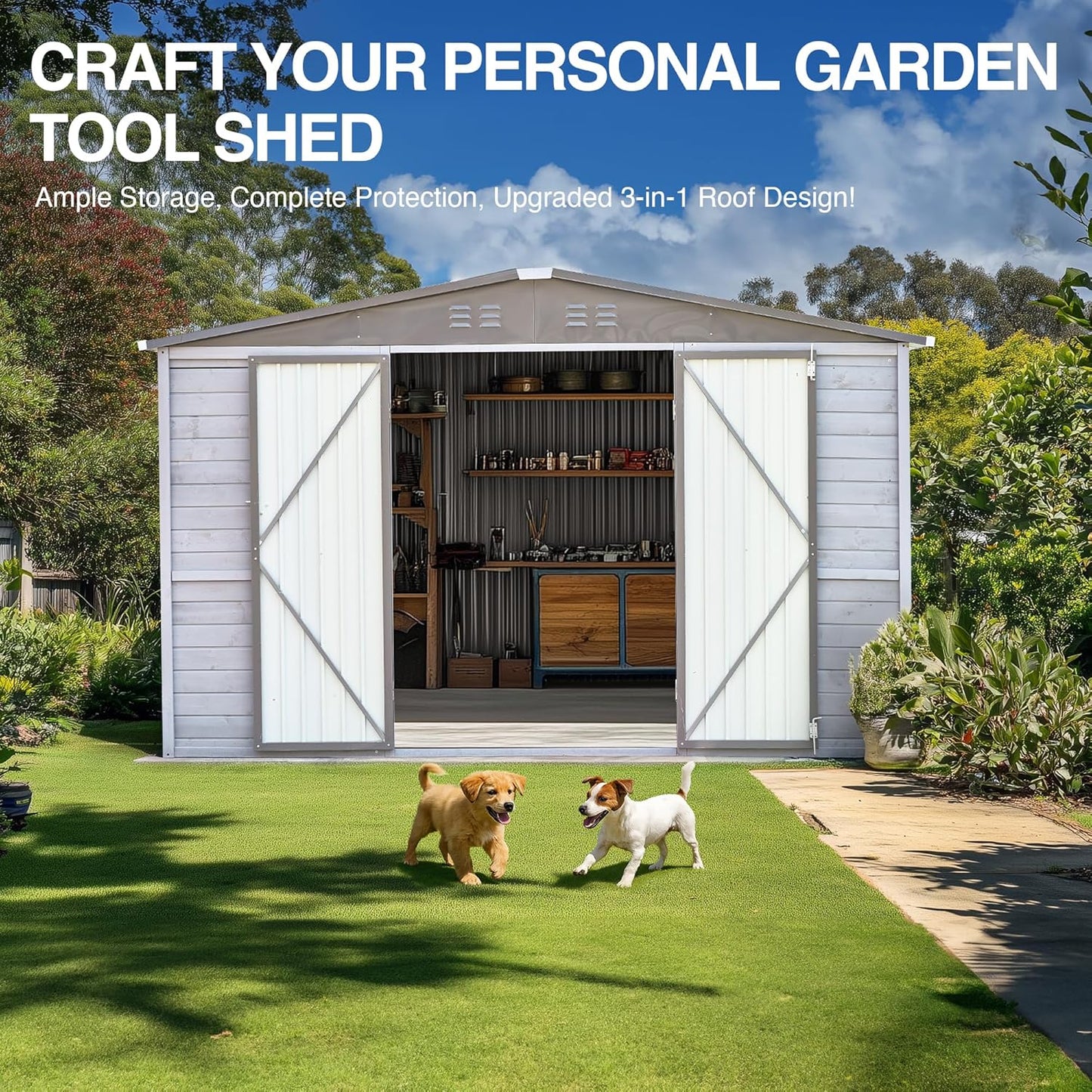 10x8 FT Wood Storage Shed, Large Outdoor Storage Shed with Lockable Door, Window and Vents,Outside Waterproof Wooden Metal Tool Storage for Garden, Patio, Lawn, Backyard (Gray)