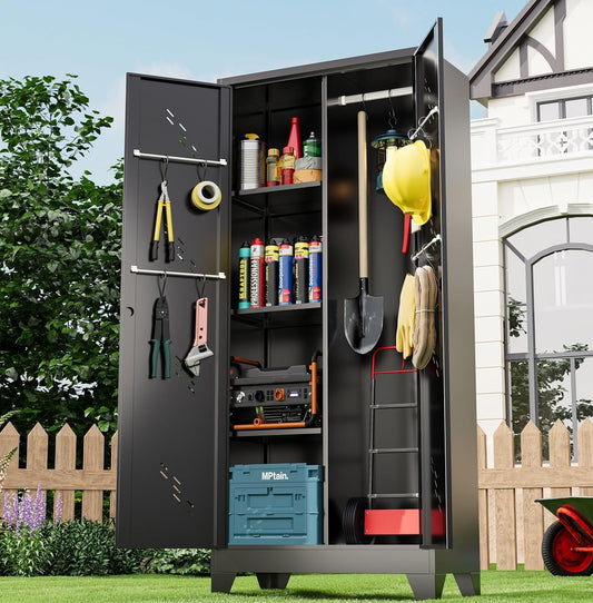 71" Metal Tools Storage Cabinet with Doors and Shelves, Outdoor Storage Sheds with Lock, Black Cleaning Supplies Organization Cabinet with Hanging Rod for Garage, Outdoor,