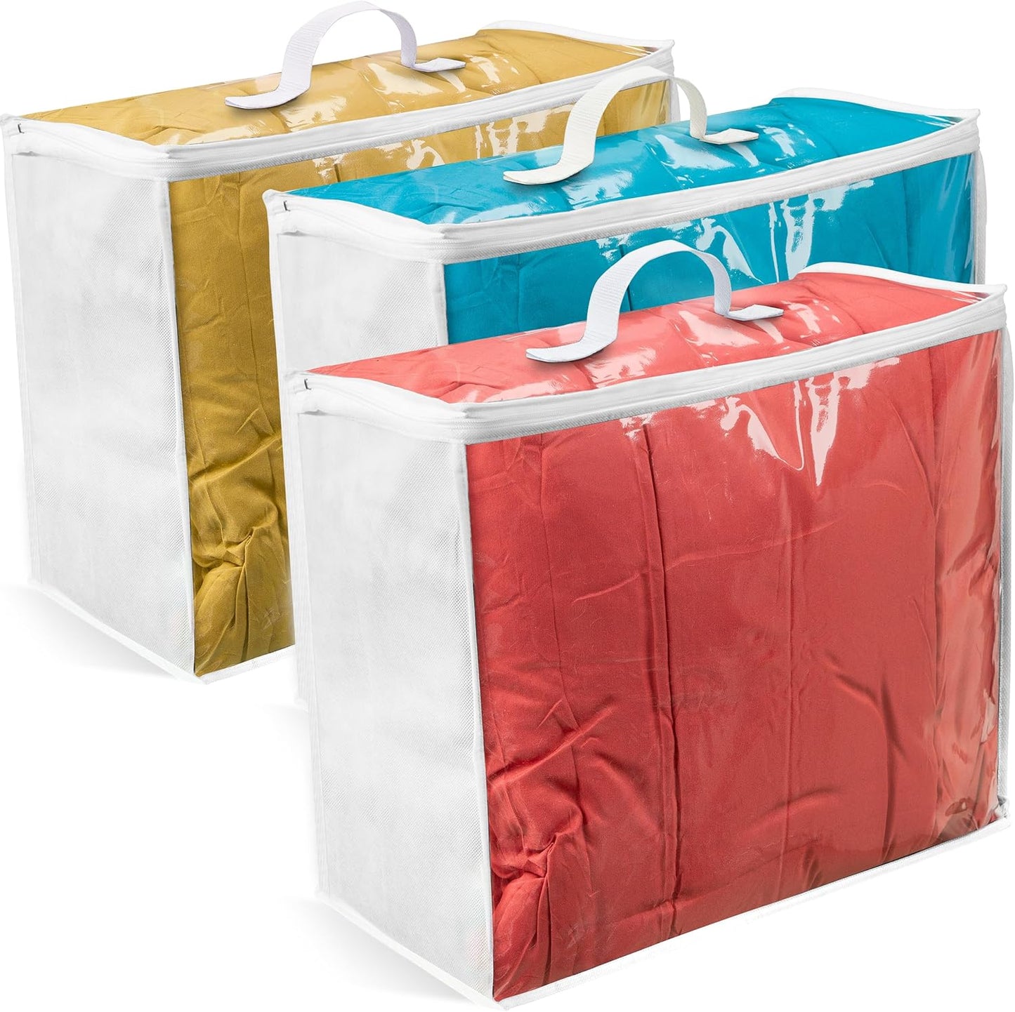 3 Pack Clear Plastic Storage Bags, Durable Zippered Storage Bags for Comforters, Blankets, Clothes, and Bedding - Breathable Nonwoven with Clear Front for Easy Organizing 20x20x8