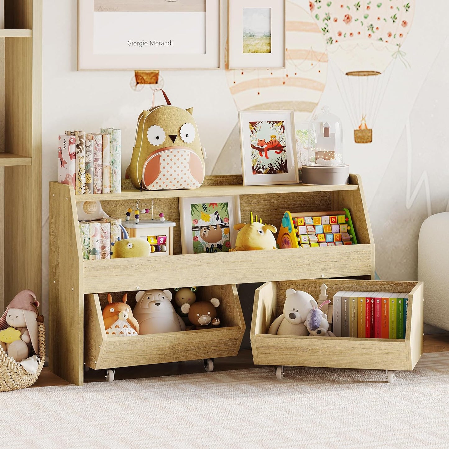 Toy Storage Organizer for Kids, Toy Storage Cabinet with Drawers, Boys and Girls Toy Shelf with Wheels, Toy Organizer Kids Bookshelf with Storage for Nursery, Playroom, Bedroom (Burlywood)