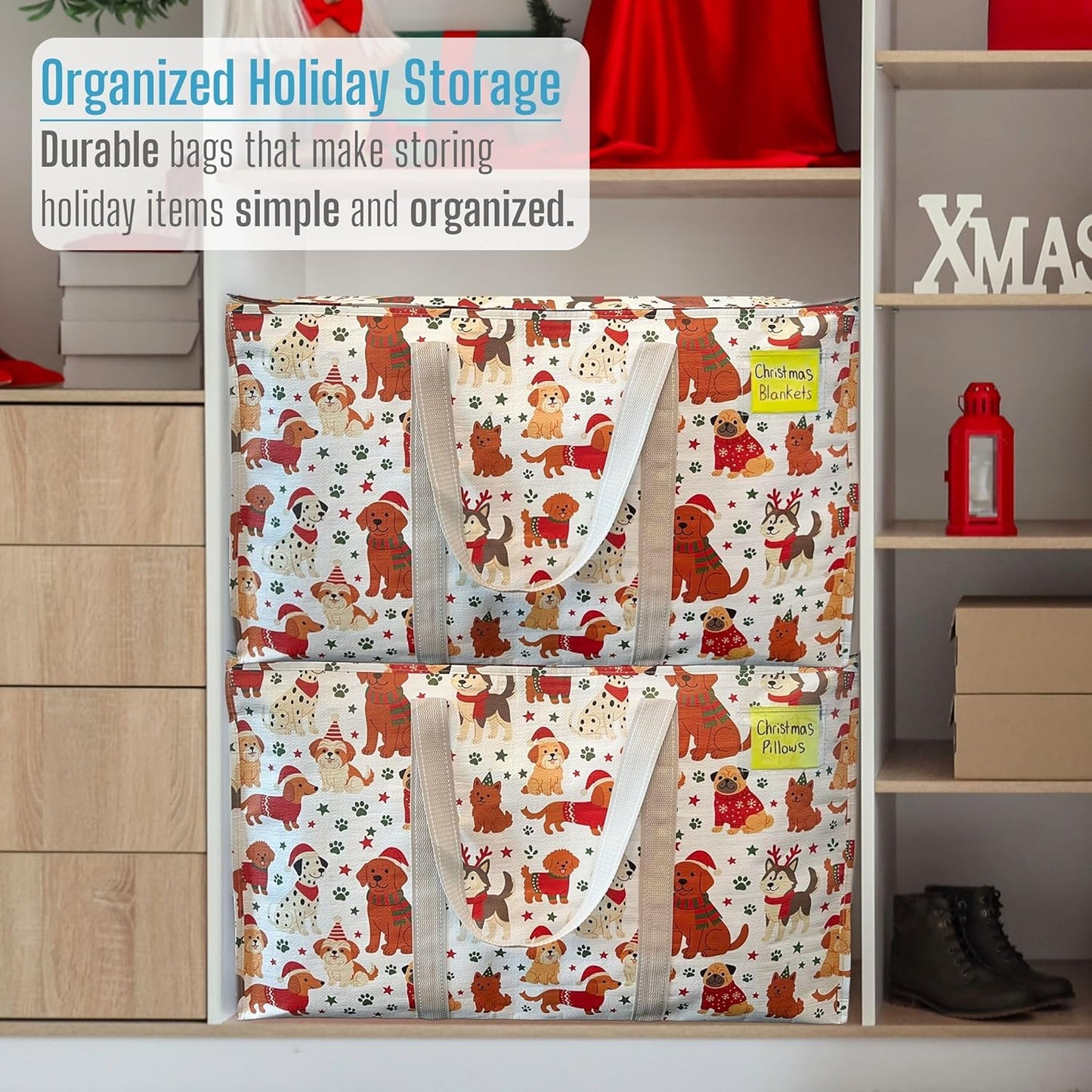 VENO 2 Pack Moving Bags and Large Christmas Storage Bins with lids. Alternative to Moving Boxes, Packing Supplies for College. Extra Large Heavy Duty Totes for Packaging (Holiday Pups, 2 Pack)