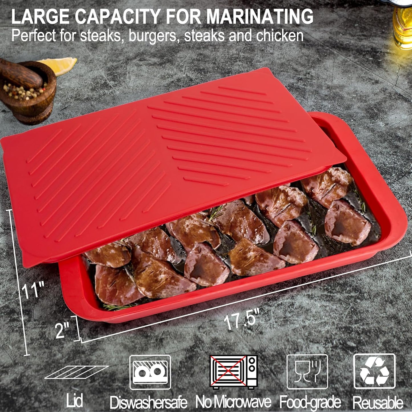 Grilling Prep and Serving Tray with Lid, Bamboo BBQ Deep Trays for Marinating Raw and Cooked Food, Melamine Serving Trays for Food, Black and Red