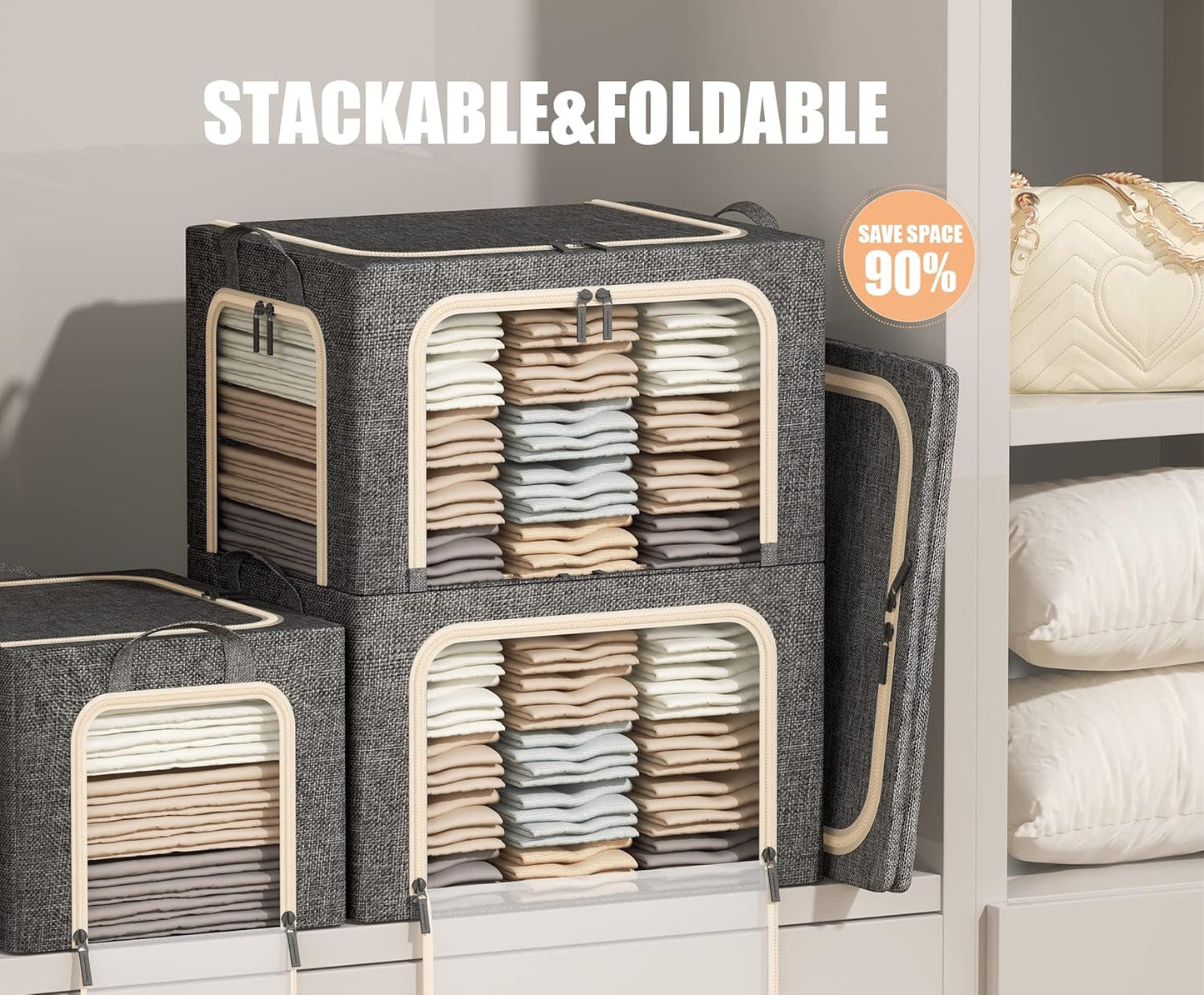 3 Openings Clothes Storage Bins with Metal Frame, Foldable Storage Bin for Clothes, Clothing Storage Bins with Lid, Linen Storage Box With Clear Window＆ Zippers＆ Durable Handles.(3 Pcs,Dark Grey,40L)