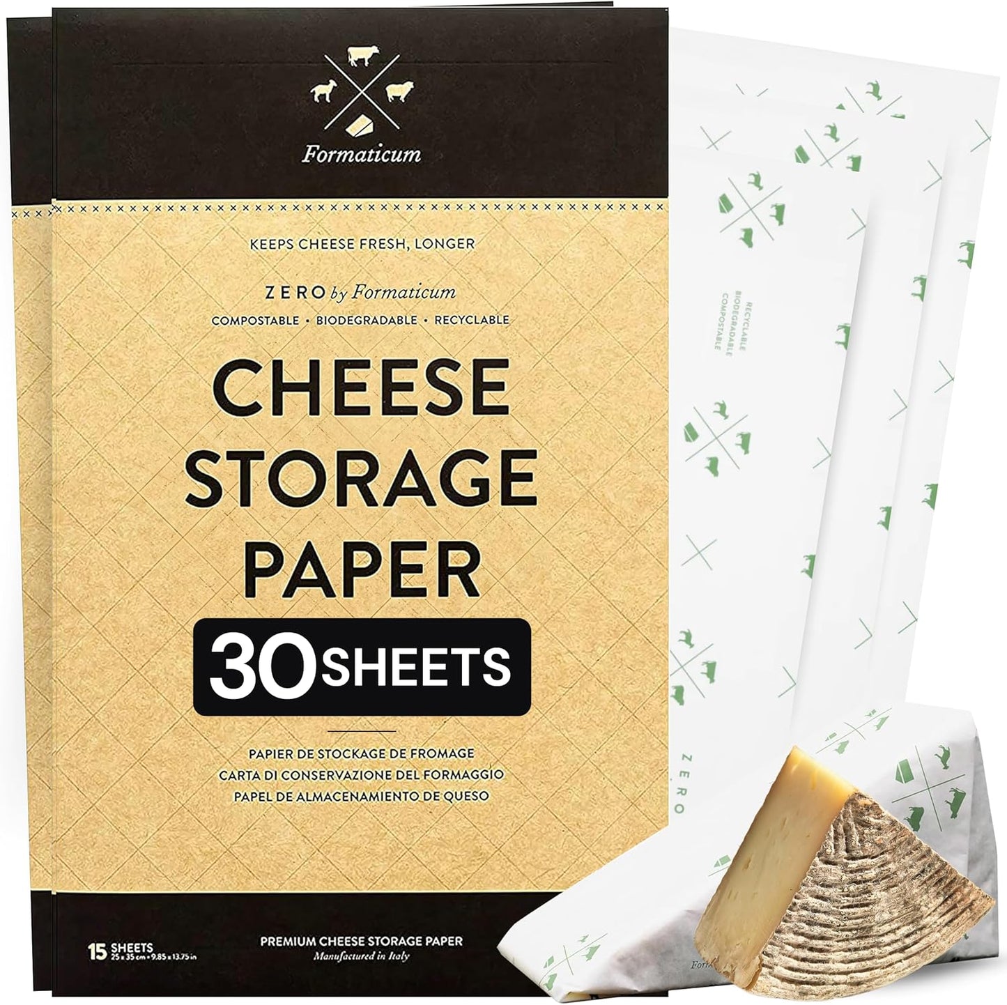 Formaticum 30-Pack Zero Cheese Storage Paper, Compostable, Biodegradable, and Plastic-Free Paper to Keep Cheese and Charcuterie Fresh, Kitchen Organization 9 x 13 Inches