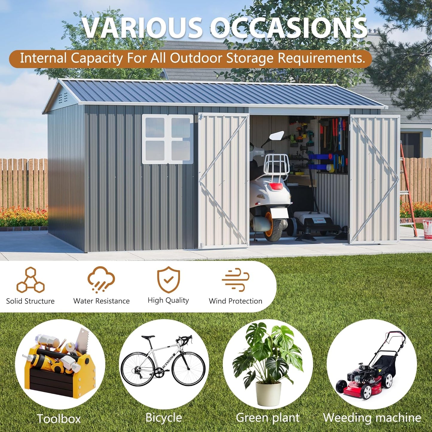 10X12 FT Outdoor Storage Shed Heavy-Duty Metal Sheds & Outdoor Storage with Floor Frame, Rustic Style Window and Lockable Doors Bright and Spacious Tool Sheds for Backyard Garden Patio Lawn, Gray