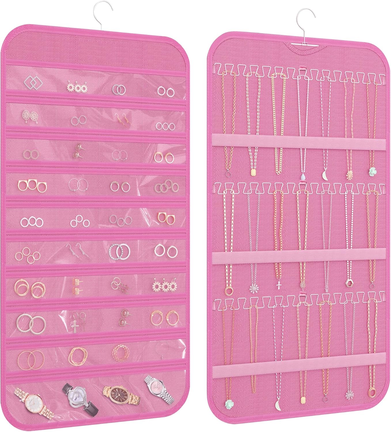 Hanging Jewelry Organizer Storage, 40 Pockets 36 Hooks Necklace Earring Necklace Bracelet Ring Organizer, Double - Sided Design, Pink