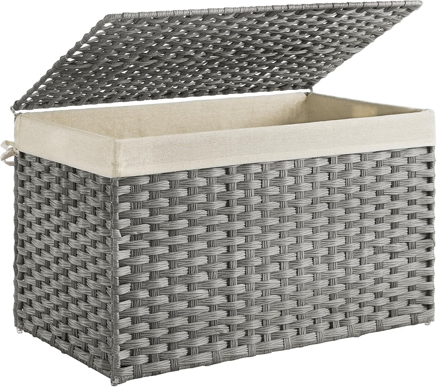 SONGMICS Storage Basket with Lid, Woven Blanket Storage Bin with Handles, Foldable, Removable Liner, Metal Frame, for Bedroom, Laundry Room, 42.3 Gallons (160 L), Gray URST76WG