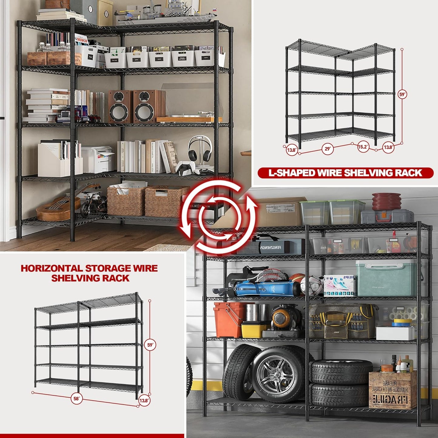 REIBII 1450LBS Metal Shelving Unit Storage Shelves 5 Tier Wire Shelving 58.1''W Pantry Shelves Wire Shelf Adjustable Garage Shelving Heavy Duty Storage Rack for Pantry Kitchen Garage, Black