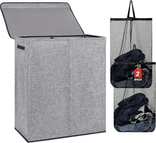 DOKEHOM 150L Double Laundry Basket with Lid and Removable Laundry Bags, Large Collapsible Laundry Hamper with 2 Sections for Bedroom, Bathroom, Laundry Room, Colloge (Grey)