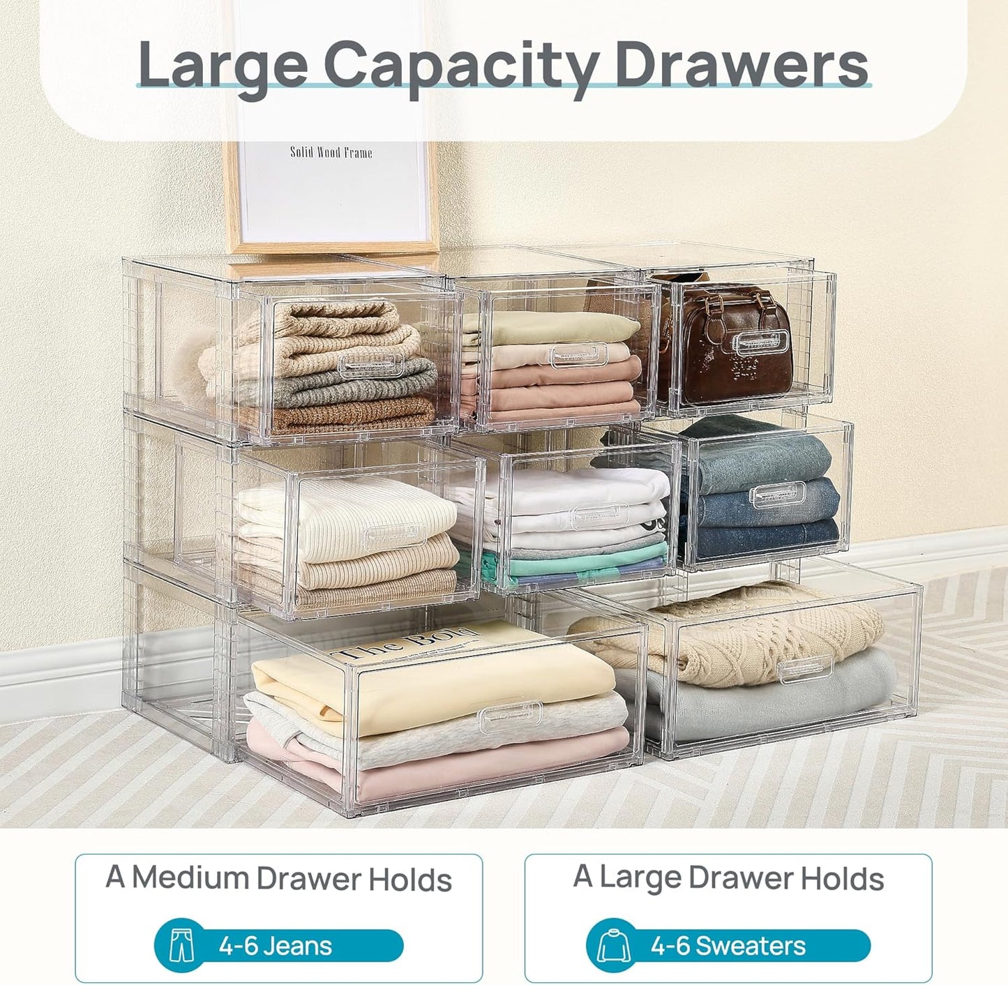 Vtopmart 5-Piece Large & Medium Stackable Drawer Organizer Set, 108QT Clear Storage Cabinet with Easy Assembly, Durable Drawers for Closet, Bedroom, Entryway, Playroom & Apartment Organization