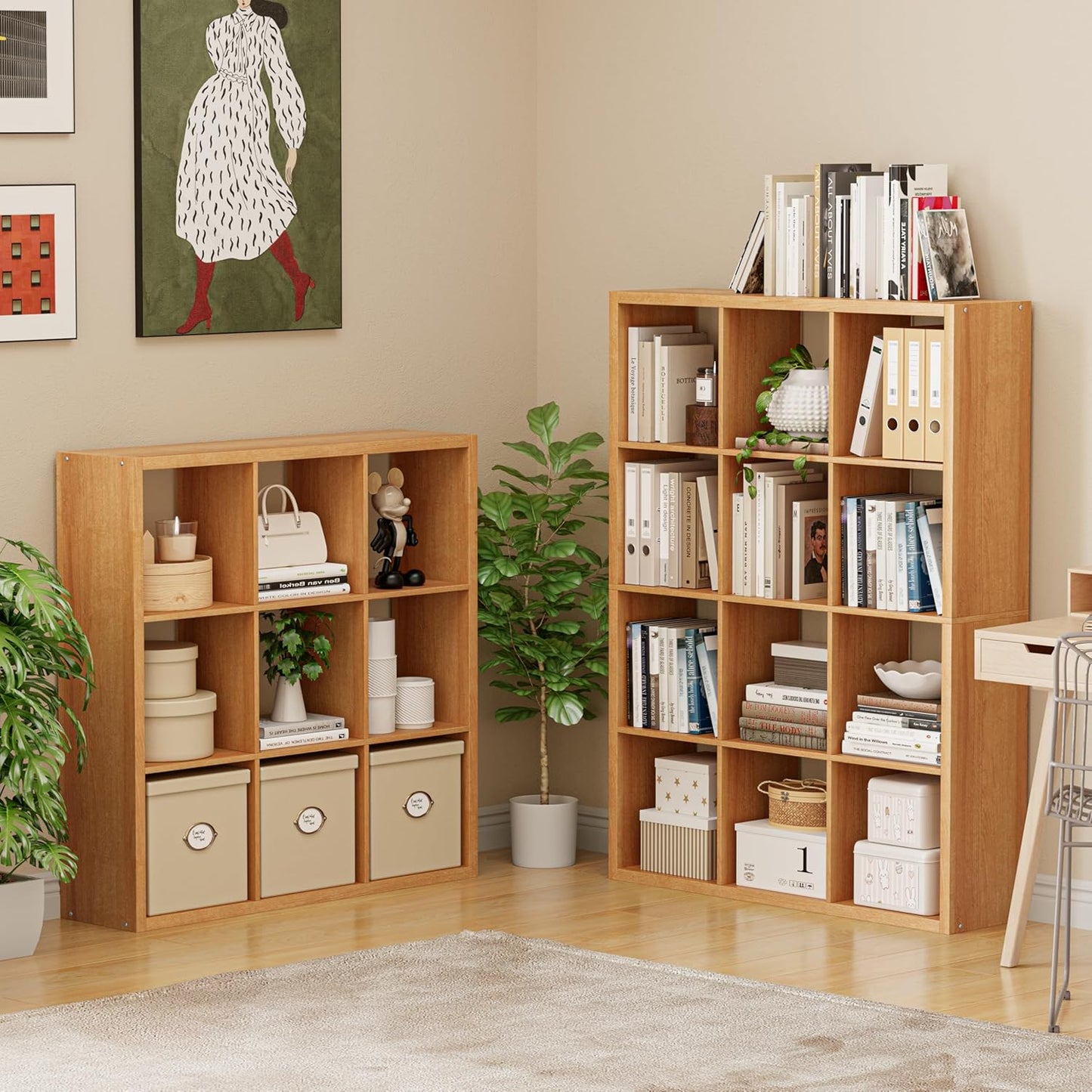 Cube Storage Organizer Bookcase, Decorative 11 inch Open Back Cubical Shelf with Thickened Border, Display Bookshelf for Living Room, Home Office, Sturdy Room (Natural Oak, 12 Cube)
