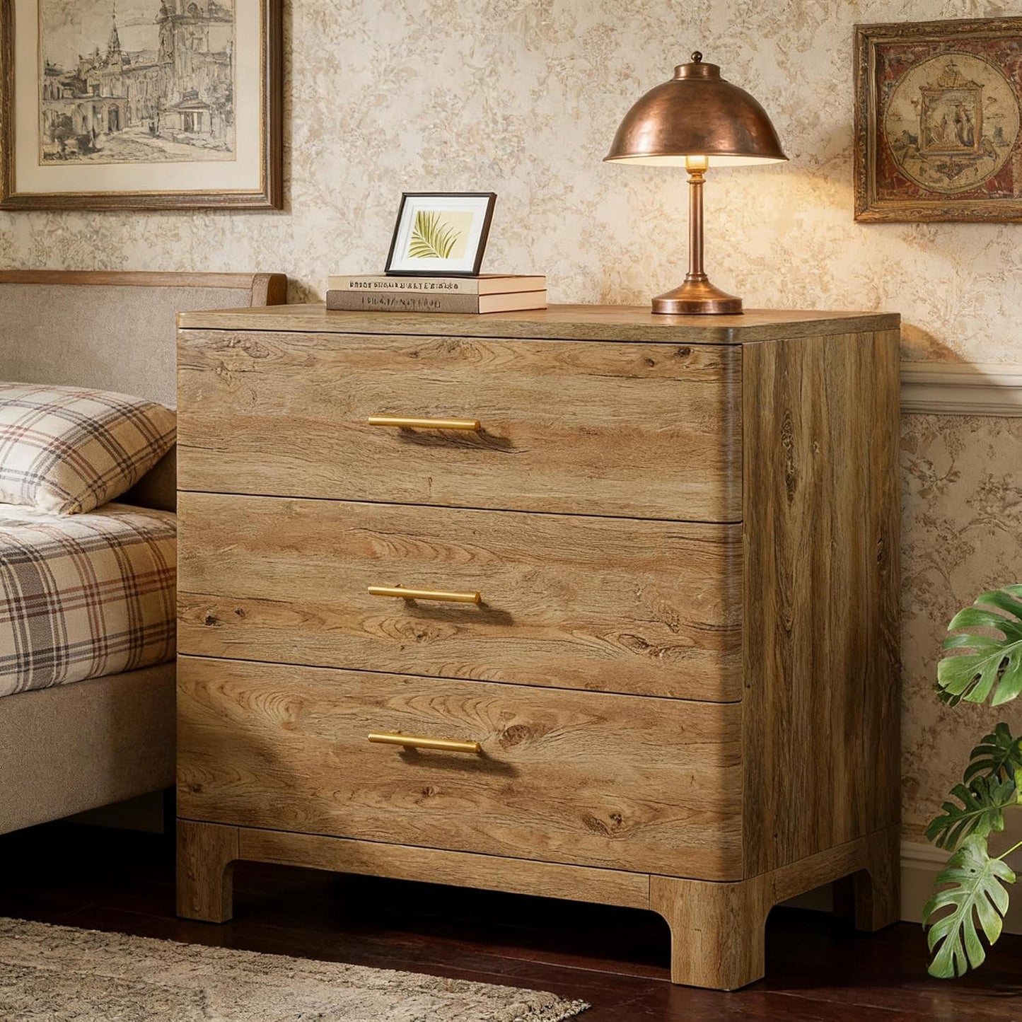 Tribesigns Oversized Nightstand with 3 Drawers, 31.5-Inch Wide Wood Farmhouse Night Stand with Storage and Gold Mental Handles for Bedroom, Brown (1)