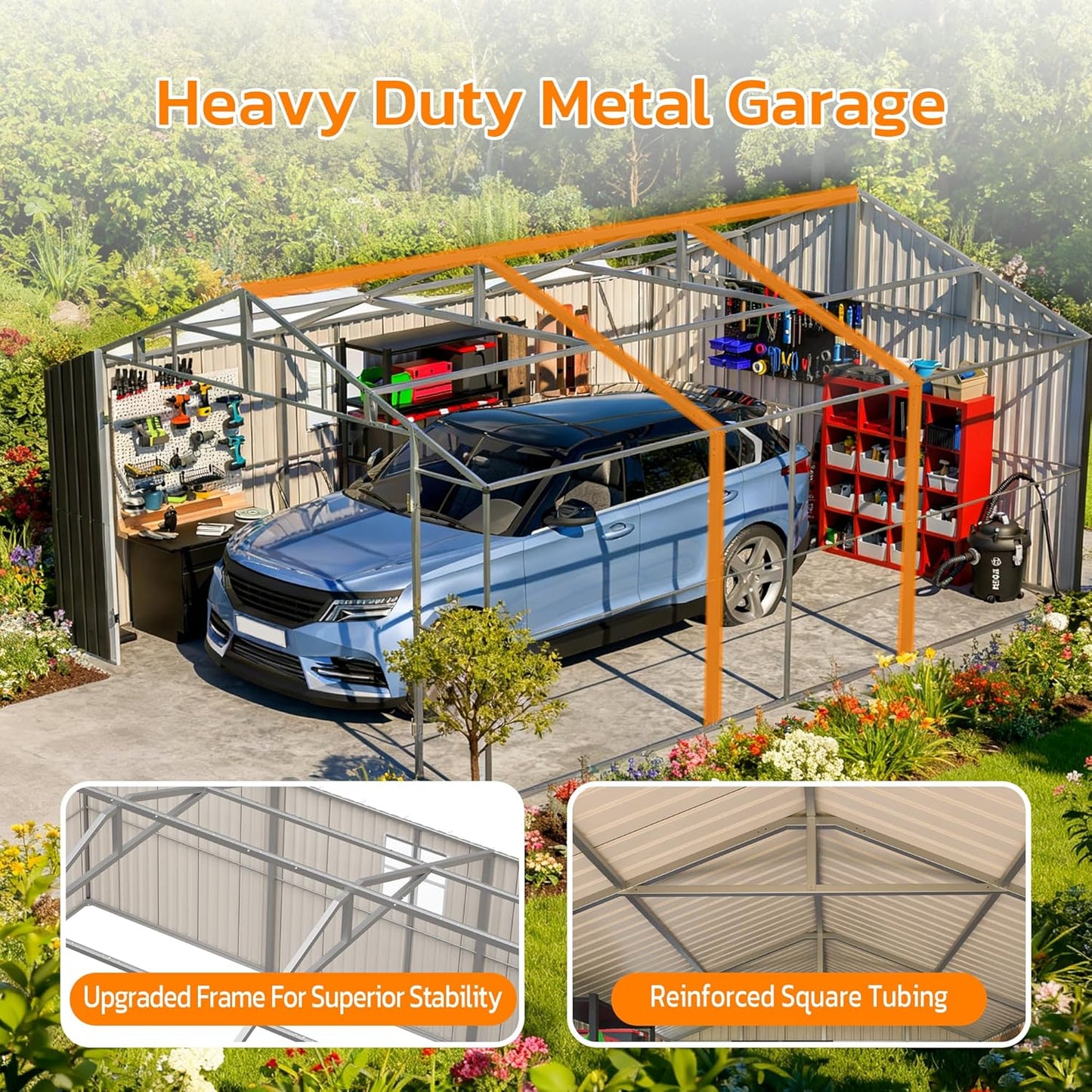 12x20 FT Heavy Duty Metal Garage Shed, Extra Large Outdoor Storage Building with Double Doors, Side Door & Window, Waterproof All-Weather Steel Carport for Vehicle & Equipment Storage