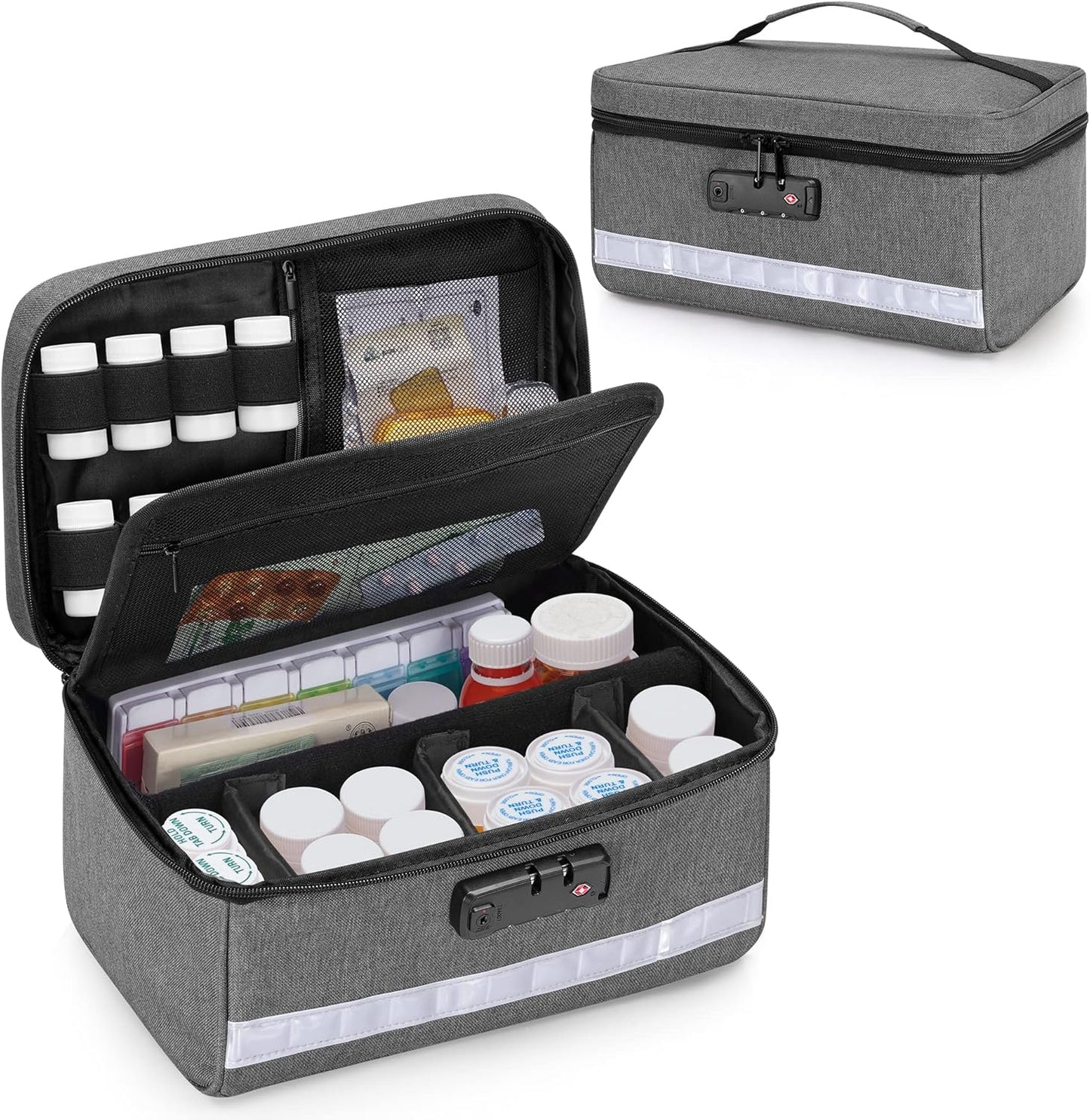 Damero Locking Pill Bottle Organizer with Inner Dividers, Medicine Storage and Organizer Bag Combination Lock for Medicine, Vitamins and Medical Supplies, Gray