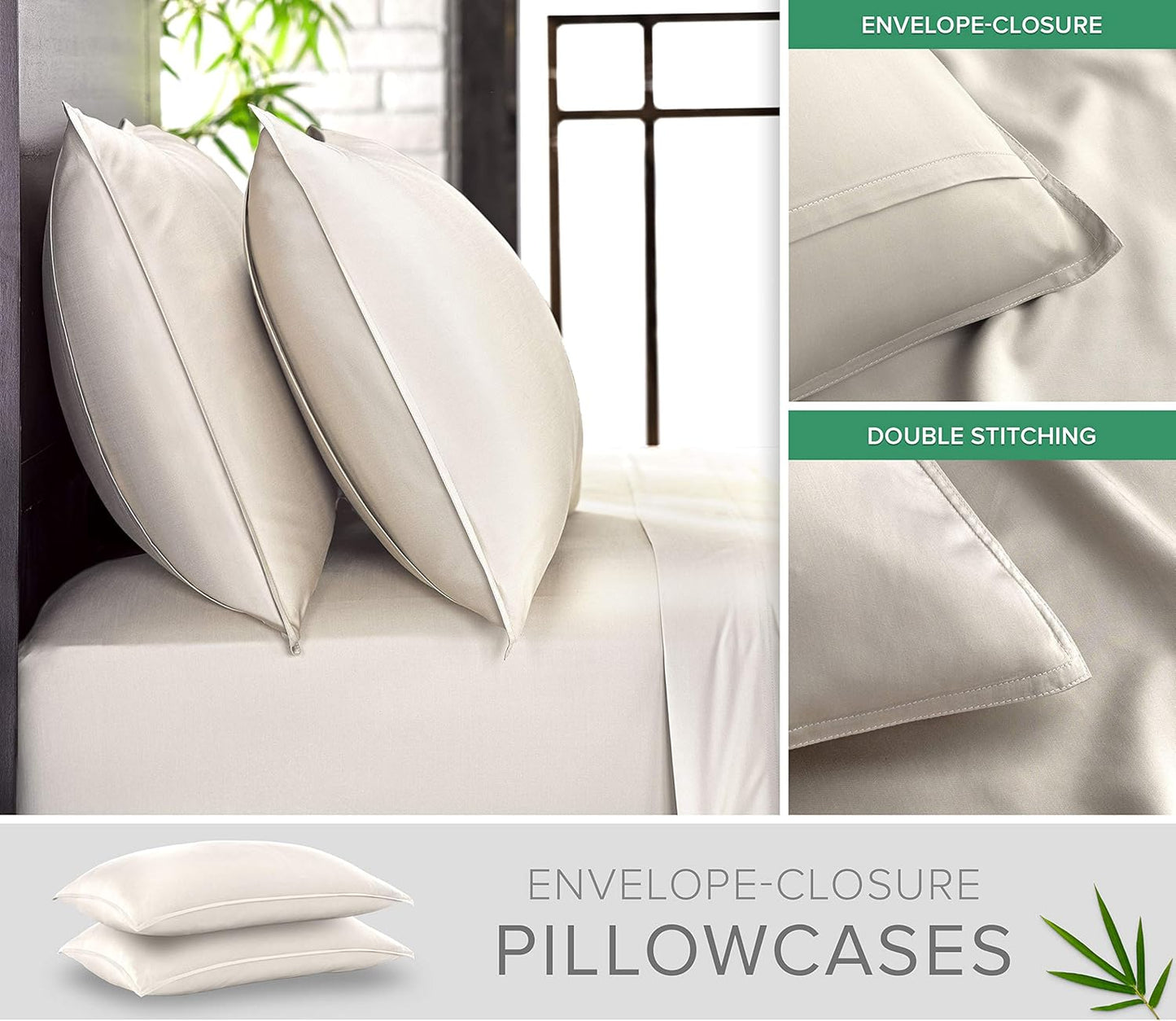 Queen Pillowcases by Pure Bamboo, Genuine 100% Organic Viscose Derived from Bamboo, Luxuriously Soft & Cooling, Double Stitching, Envelope Closure (2 Queen Pillowcases, Ivory)