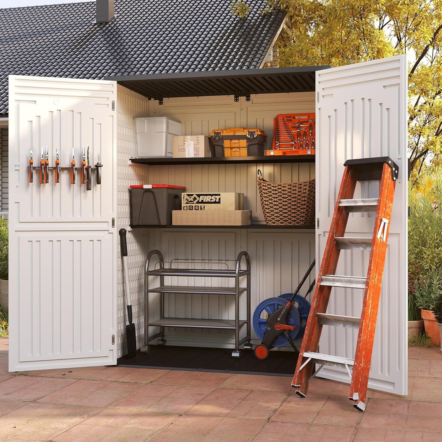 EHHLY Vertical Resin Storage Shed, 60 Cuft Garden Tool Sheds & Outdoor Storage, Plastic Outdoor Storage Cabinet Waterproof, 4.5 x 2.3 ft Backyard Outside Lawn Mower Storage Shed, Light Grey