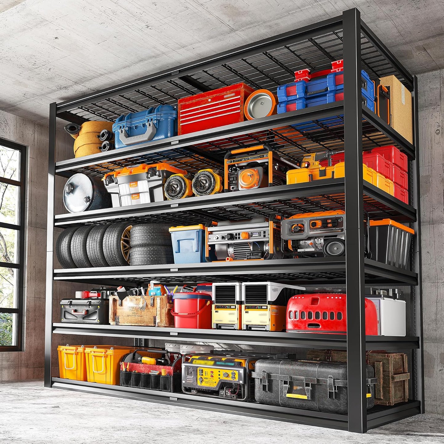 REIBII Garage Shelving 3500LBS, 6 Tier Storage Shelves, Adjustable Heavy Duty Shelving Unit, Metal Shelf for Warehouse, Basement, Pantry, Factory, 55" W x 26" D x 84" H, Black