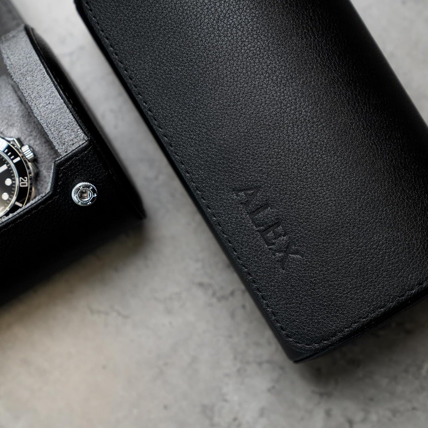 DailyWatch | Personalized Watch Roll Travel Case For 2 Watches - Handmade Genuine Leather Travel Case With Custom Engraving of Name or Initials - Black Grey