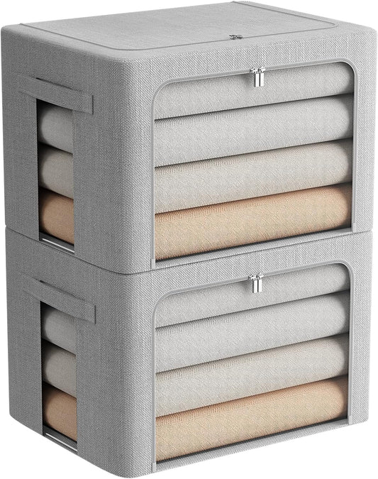FHSQX 2 Pack Clothes Storage Bins Stackable Metal Frame Storage Box Large Capacity Foldable Linen Fabric Box Organizer with Carrying Handles and Clear Window (Light Gray, 19.7x 15.7x 12.6 Inch)
