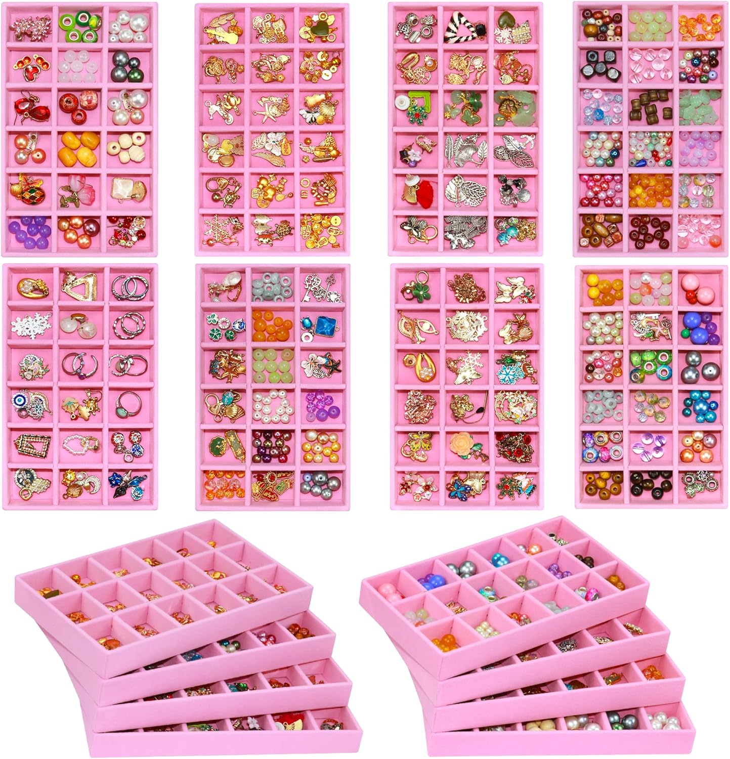 8 Pack Jewelry Organizer Tray, Stackable Velvet Jewelry Storage Box 18-grid Earring Holder Dresser Drawer Organizer for Earring Necklace Ring, Total 144 Grids
