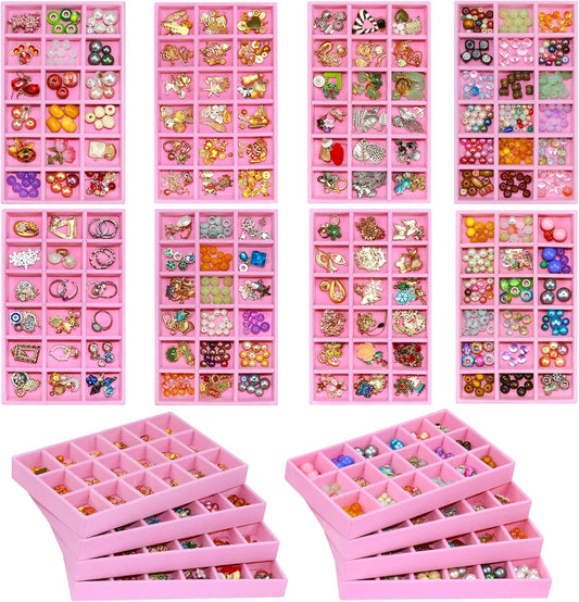8 Pack Jewelry Organizer Tray, Stackable Velvet Jewelry Storage Box 18-grid Earring Holder Dresser Drawer Organizer for Earring Necklace Ring, Total 144 Grids