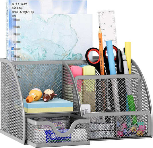 EasyPAG Mesh Desk Organizer with Drawer Multi-functional Pen Holder Stationery Organizer for Office School Supplies 6 Compartments Dorm Organizers and Storage for Desk, Silver
