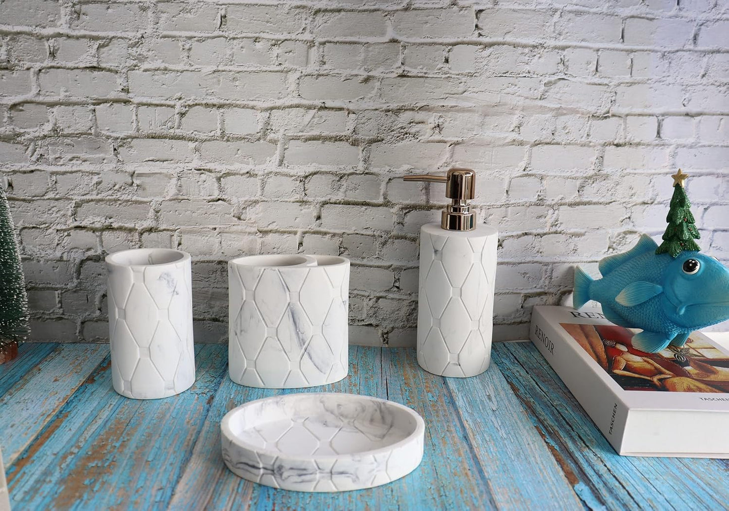 Hymmah Bathroom Accessories Set,Marble Design Toothbrush Holder,Farmhouse Bathroom Decor,4 Pcs Resin Gift Set Apartment Necessities, Contain Toothbrush Cup,Soap Dispenser,Soap Dish,Tumbler