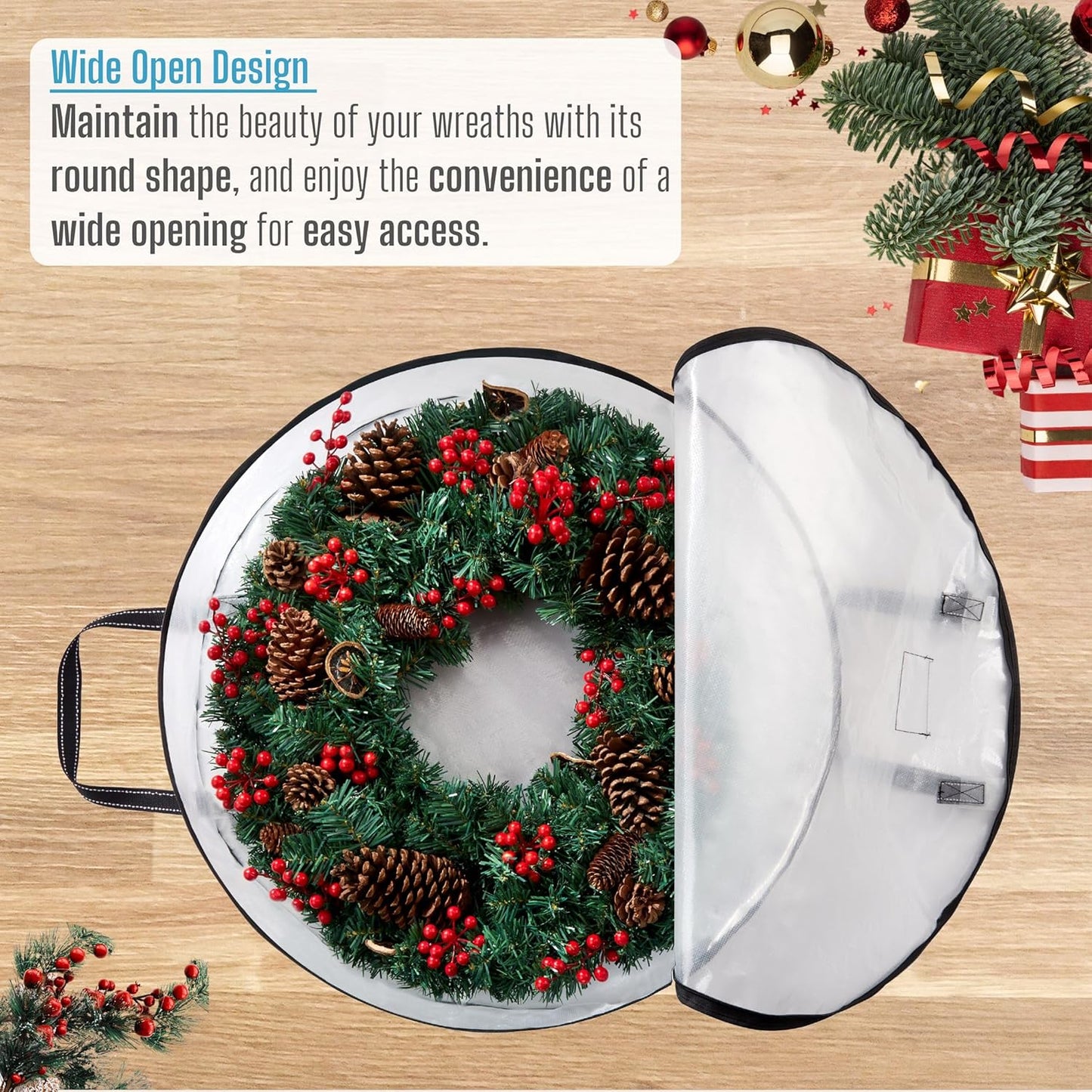 VENO 2 Pack Christmas Wreath Storage Container - 30 Inch Clear Wreath Bag, Christmas Garland and Holiday Decoration Organizers with Zipper and Durable Handles (Clear, 30"-2 Pack)