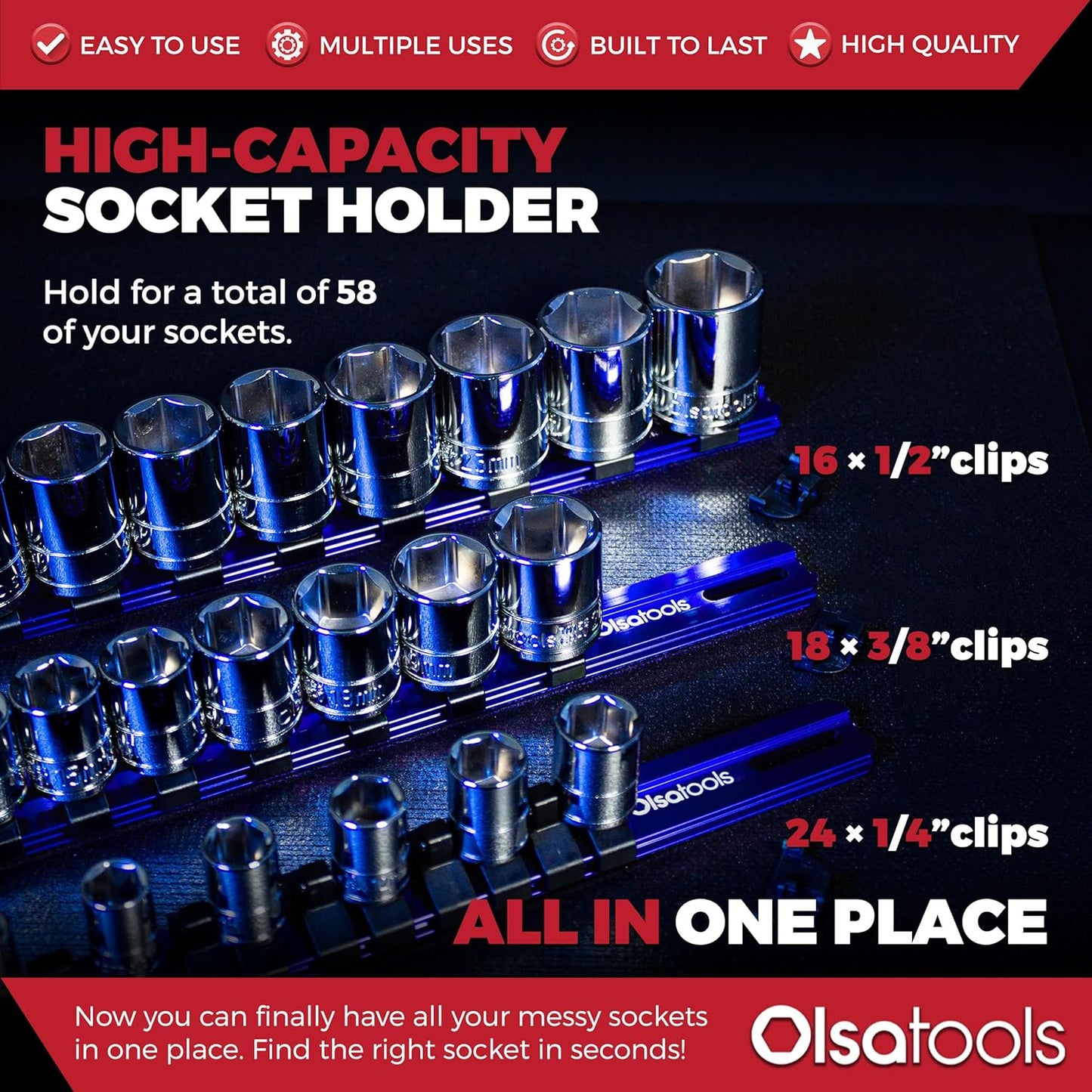 Olsa Tools 3 Pc Set Aluminum Socket Organizer with Locking End Caps | 1/4-Inch Drive x 24 Clips, 3/8-Inch Drive x 18 Clips, 1/2-Inch Drive x 16 Clips | Professional Quality Socket Holder (Blue)