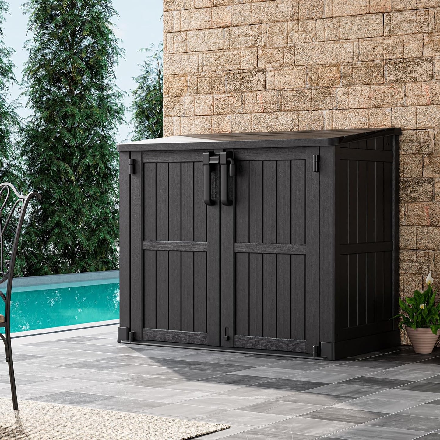 Horizontal Storage Shed, Outdoor Resin Storage Shed 36 Cu. Ft. Garden Extra Large Capacity Weather Resistant Storage Box, Lockabl Waterproof Shed for Garden Tools, Solid Black