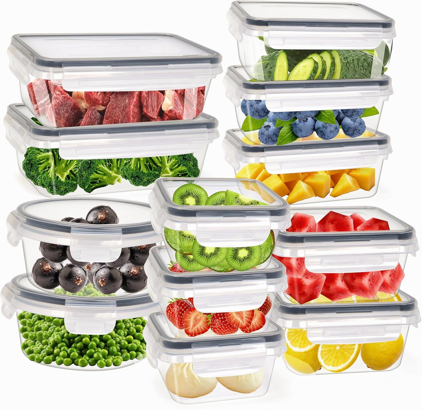 24Piece Food Storage Container with Lids (12 Containers + 12 Lids)，plastic sealed food storage box，Suitable for the storage and organization of food in the kitchen，BPA Free Storage Containers
