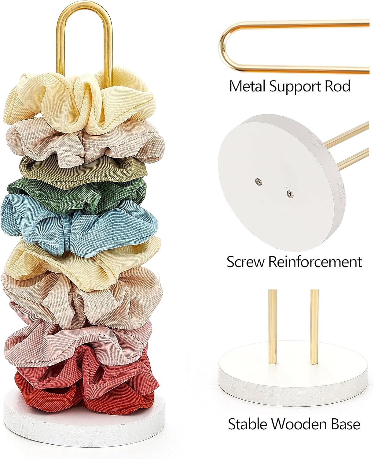 Mkono 2PCS Scrunchies Holder Stand Hair Accessories Organizer Gold White Metal Scrunchies Tower Hold 25-35 Scrunchies Modern Vertical Hair Tie Organizer Jewelry Scrunchy Holder for Girls