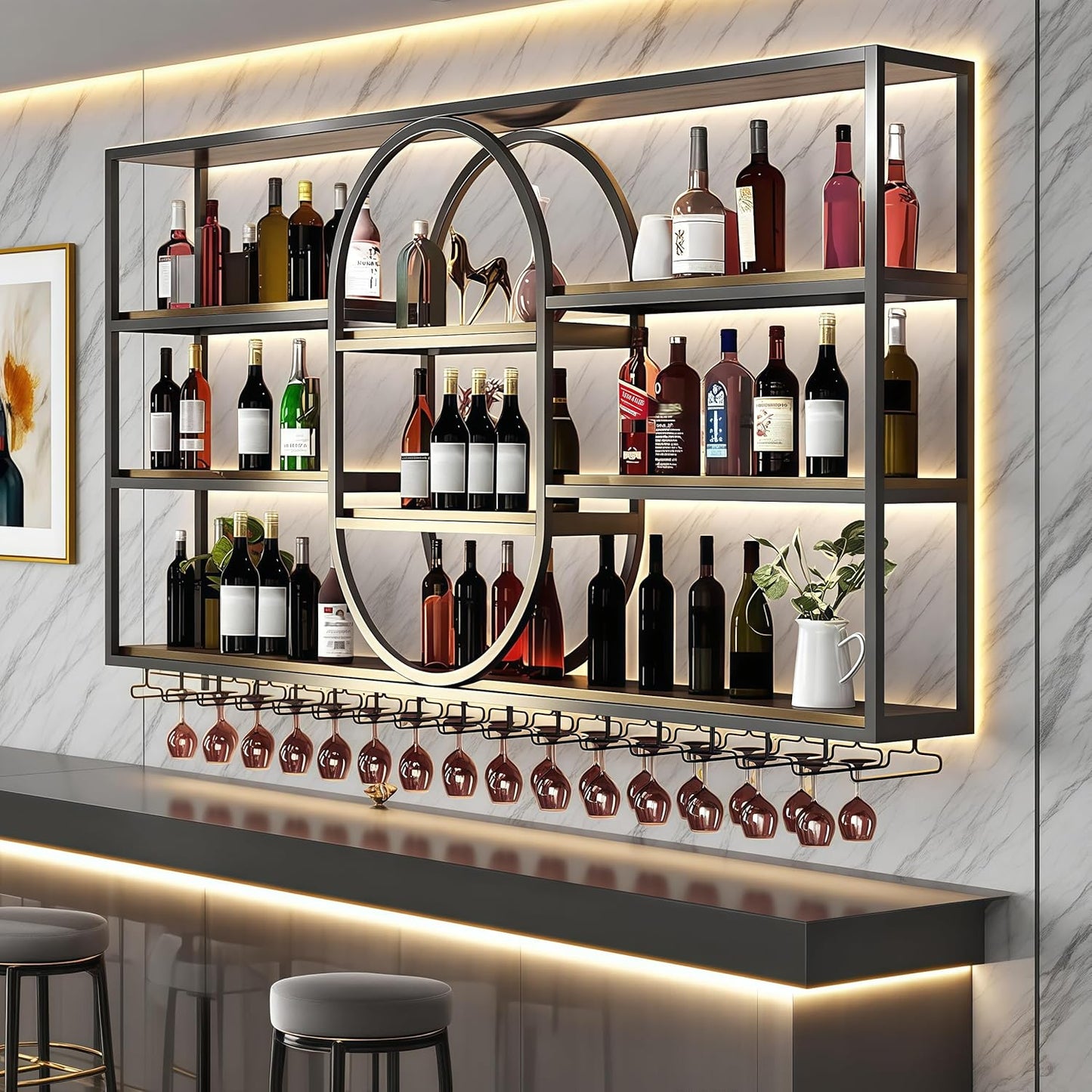 55.1INLarge Wall Mount Wine Rack, Metal 4 Tier Hanging Bottle Holder with Wine Glass Storage Racks, Modern Floating Wine Shelves for Home Bar Dining Room Decoration (Black)