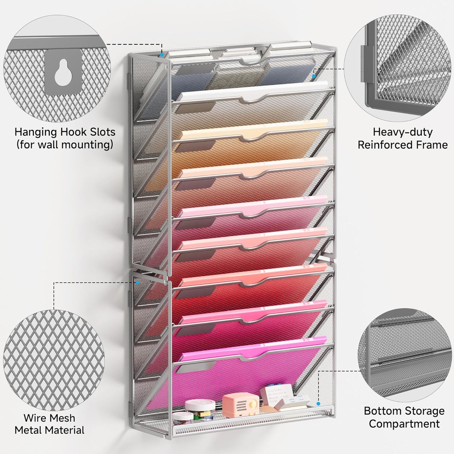 Lavatino 10-Tier Hanging Wall File Folders Organizer - Silver Metal Mesh Paper Magazine Document Mail Holder File Organizer for Office School Home Wall Mount or Desk Supplies Organization